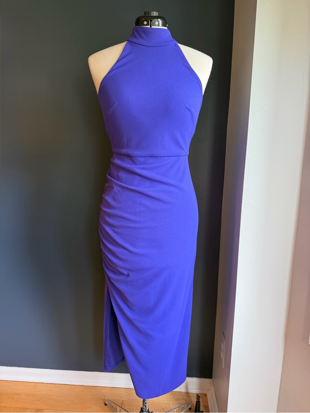 Belle Badgley Mischka Paxton Mock Neck, Racer Front, Ruched Dress In Purple